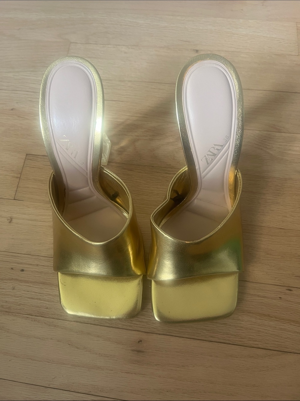 Zara Metallic Gold Square-Toe Slide Mules